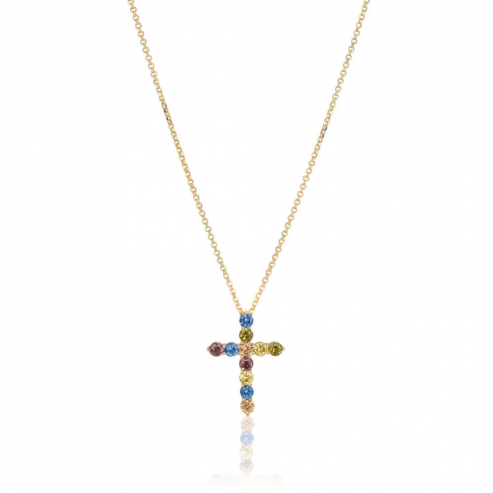 Belluno Croce  - 18k guldpläterad, med multifärgade zirkoner Halskæde i gruppen Halskæde / Guldhalskæde hos SCANDINAVIAN JEWELRY DESIGN (SJ-N2394-XCZ-YG)