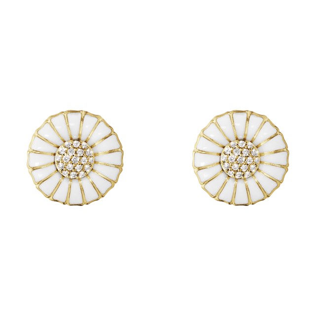 DAISY Ørering Sølv forgyldt WHITE ENAMEL 11MM Diamant PAVÉ 0.10 ct